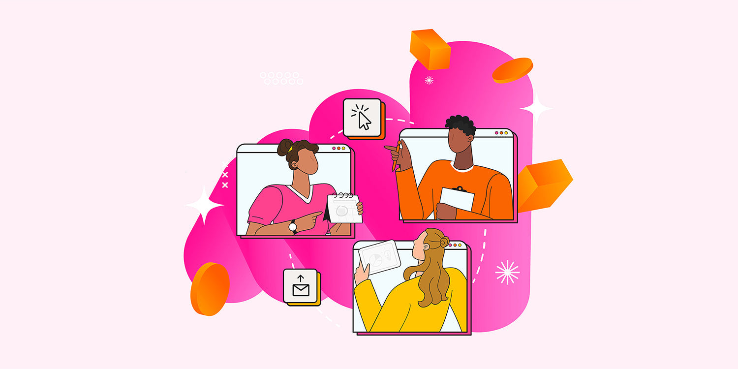 Three team members shown in stylized browser windows collaborating on ecommerce tasks against a pink background.