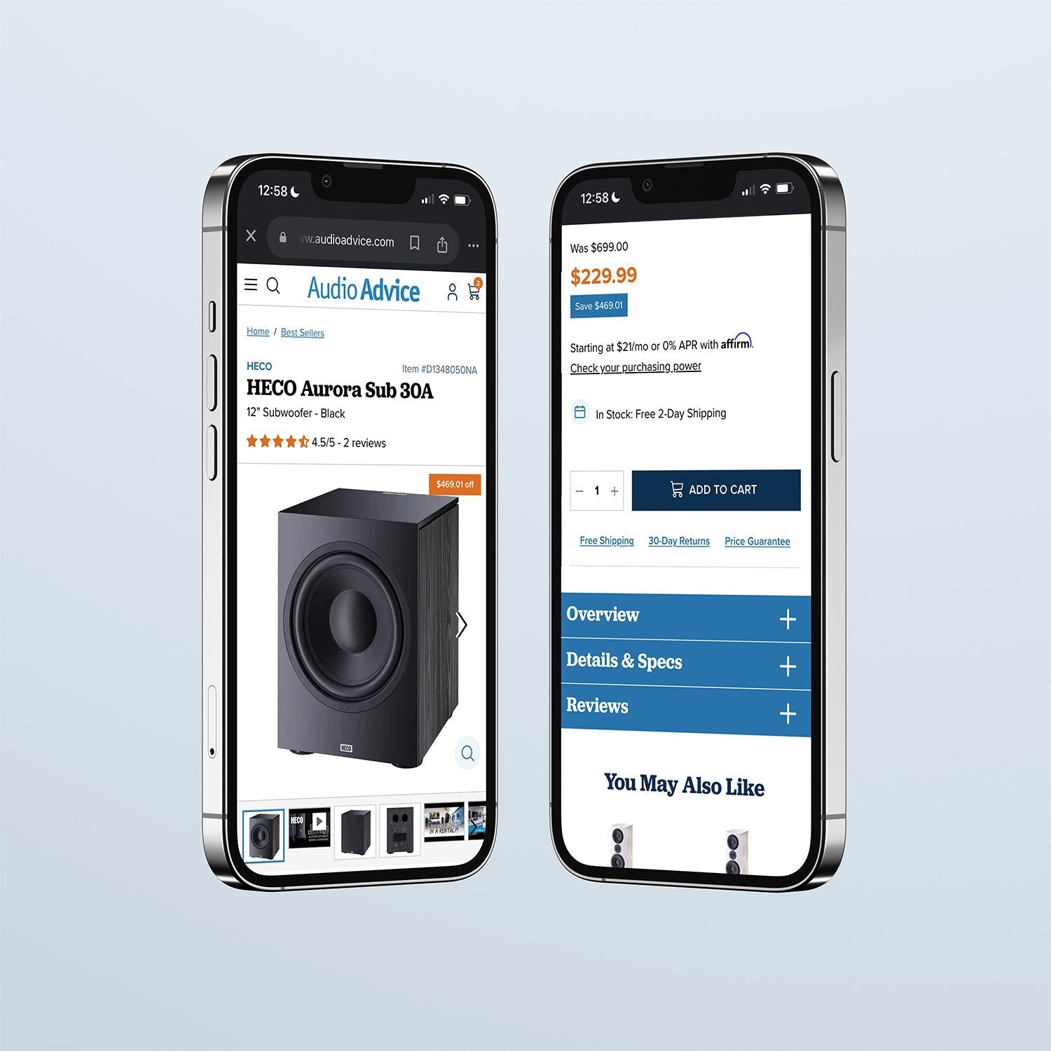 Two iPhones displaying an Audio Advice product page for HECO Aurora Sub 30A 12" subwoofer, with product image, price and Add to Cart button.