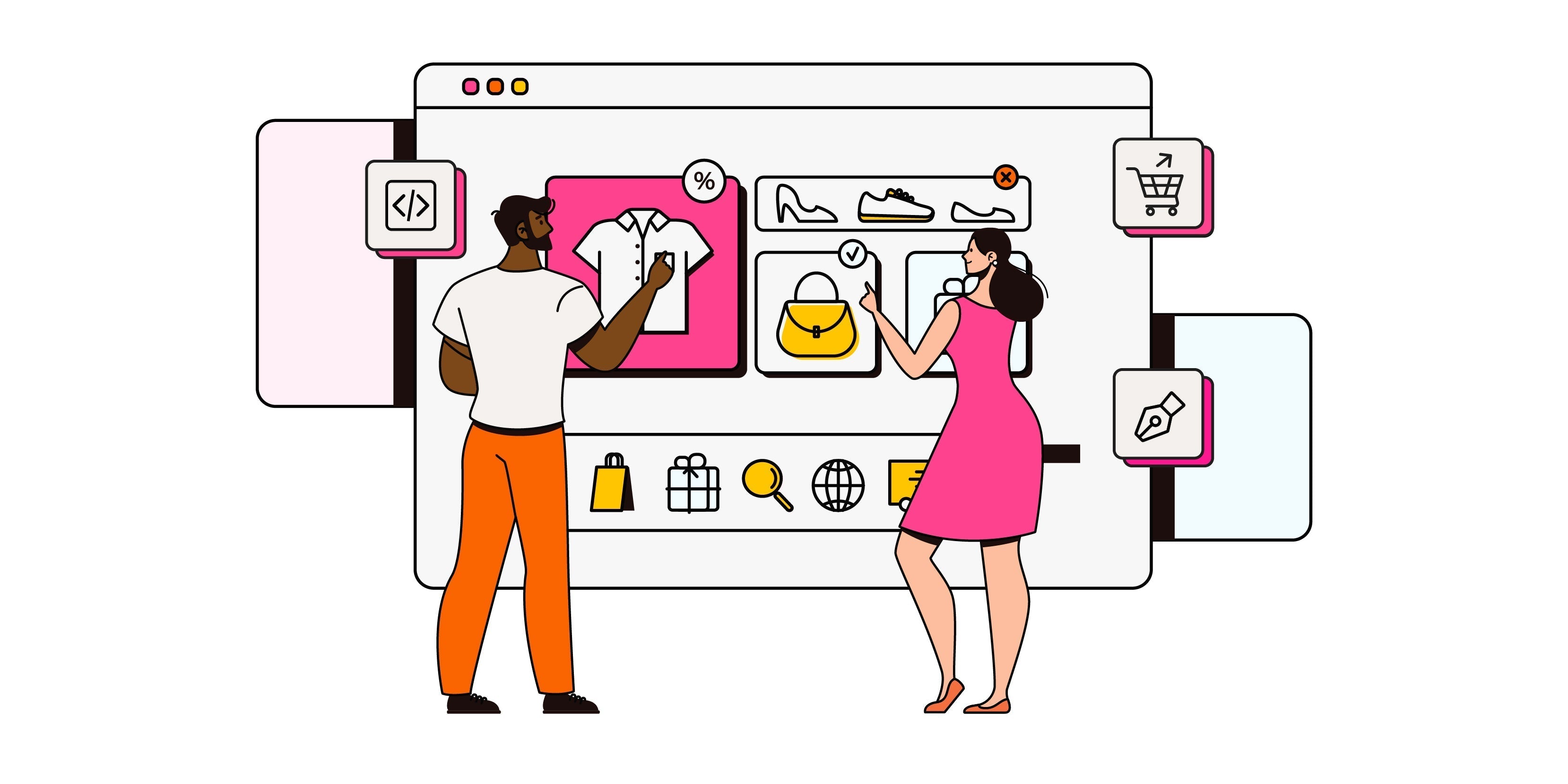 Two people selecting products in an online shop mockup (shirt %, shoes, handbag ✓, close x) on a large browser interface </>