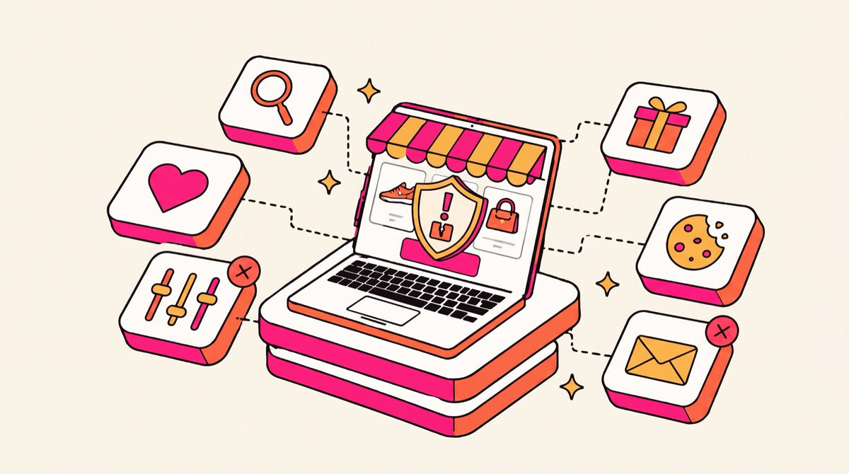 Illustration of an online store protected by a warning shield, with app tiles around it, two of them flagged