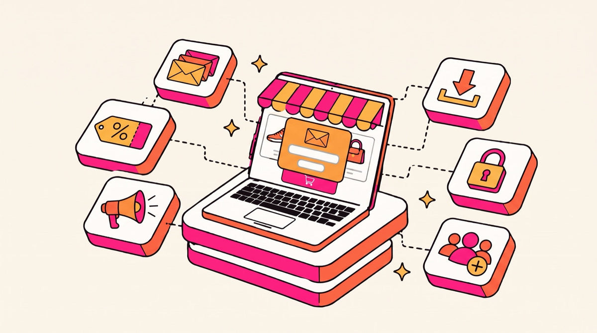 Illustration of an email sign-up pop-up on a store, with subscriber export and lock icons