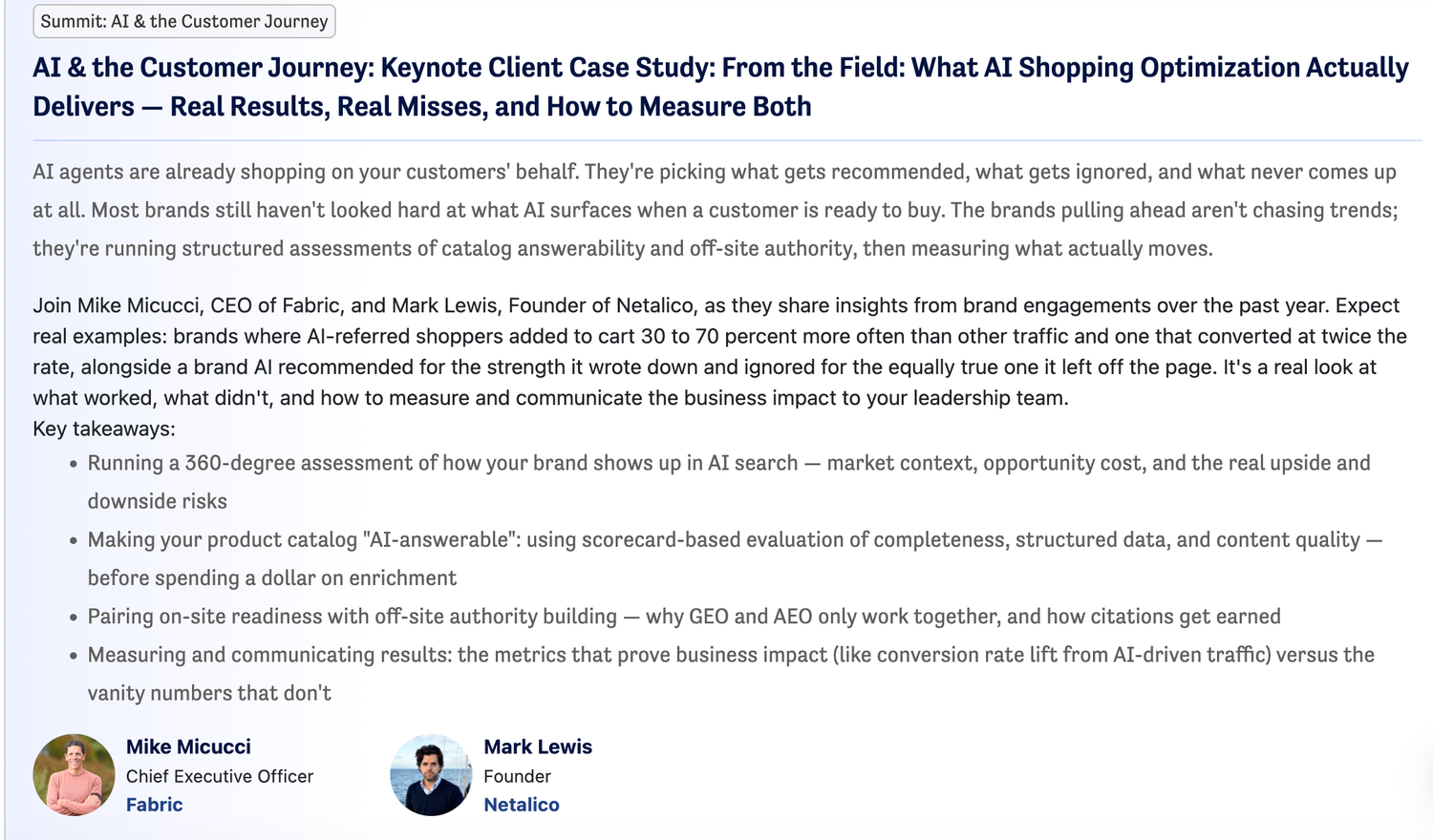 eTail Boston 2026 agenda listing for the keynote client case study on what AI shopping optimization actually delivers, presented by Mike Micucci, CEO of Fabric, and Mark Lewis, Founder of Netalico.