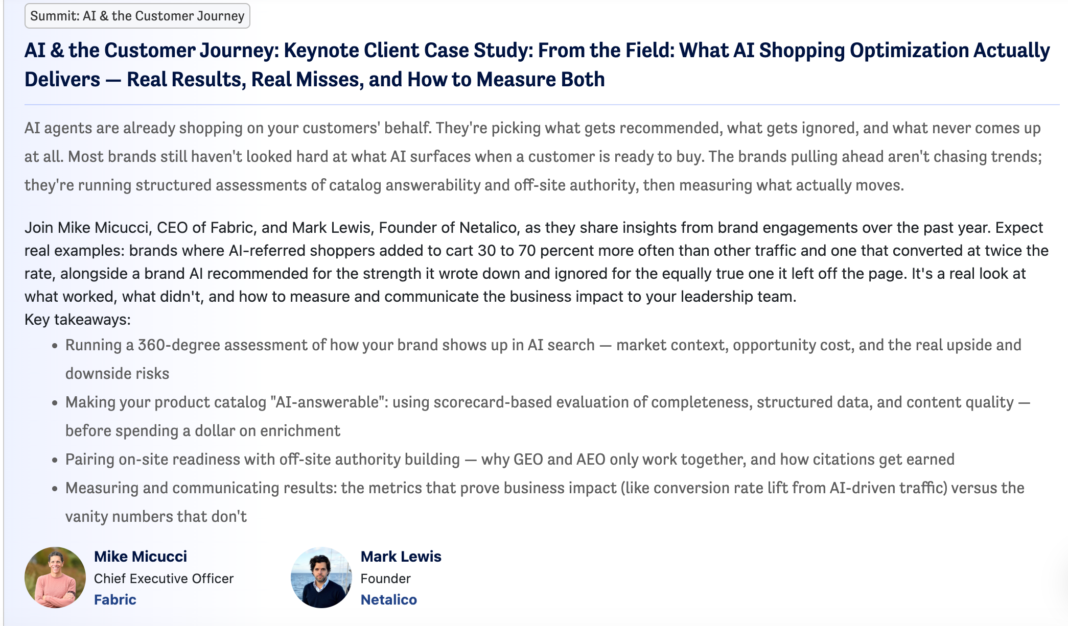 eTail Boston 2026 agenda listing for the keynote client case study on what AI shopping optimization actually delivers, presented by Mike Micucci, CEO of Fabric, and Mark Lewis, Founder of Netalico.