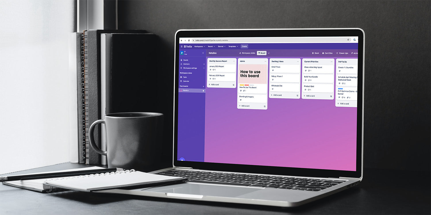 Laptop showing Trello board with card titled 'How to use this board' and columns 'Admin' and 'Backlog / Ideas'.