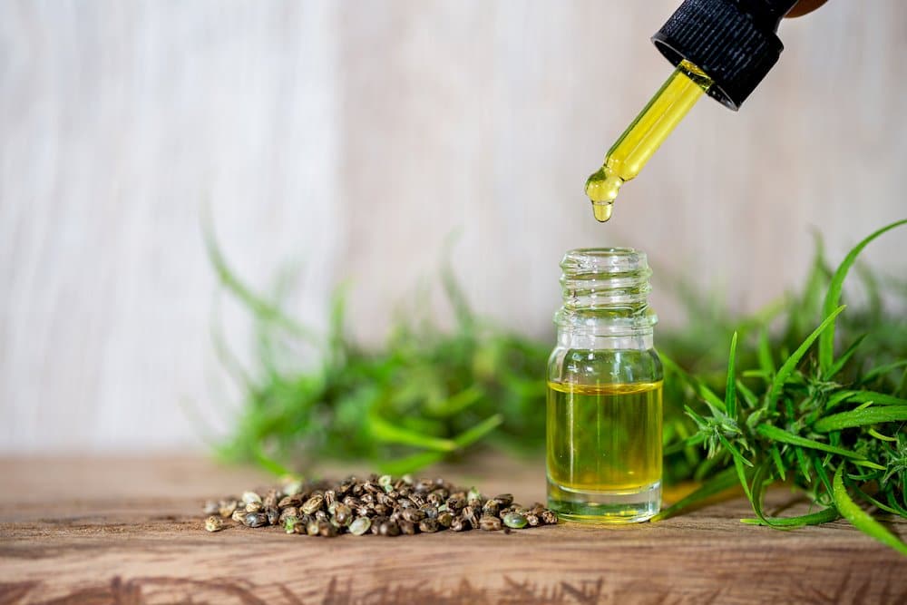 Dropper adding yellow hemp oil to a small vial beside hemp seeds and green leaves