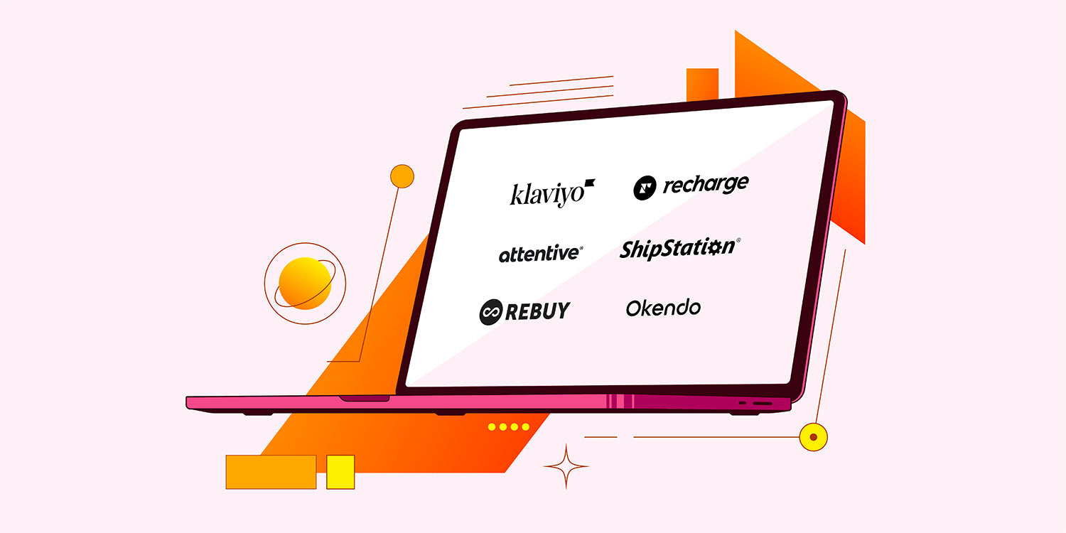 Laptop screen displaying app logos: klaviyo, recharge, attentive, ShipStation, REBUY, Okendo