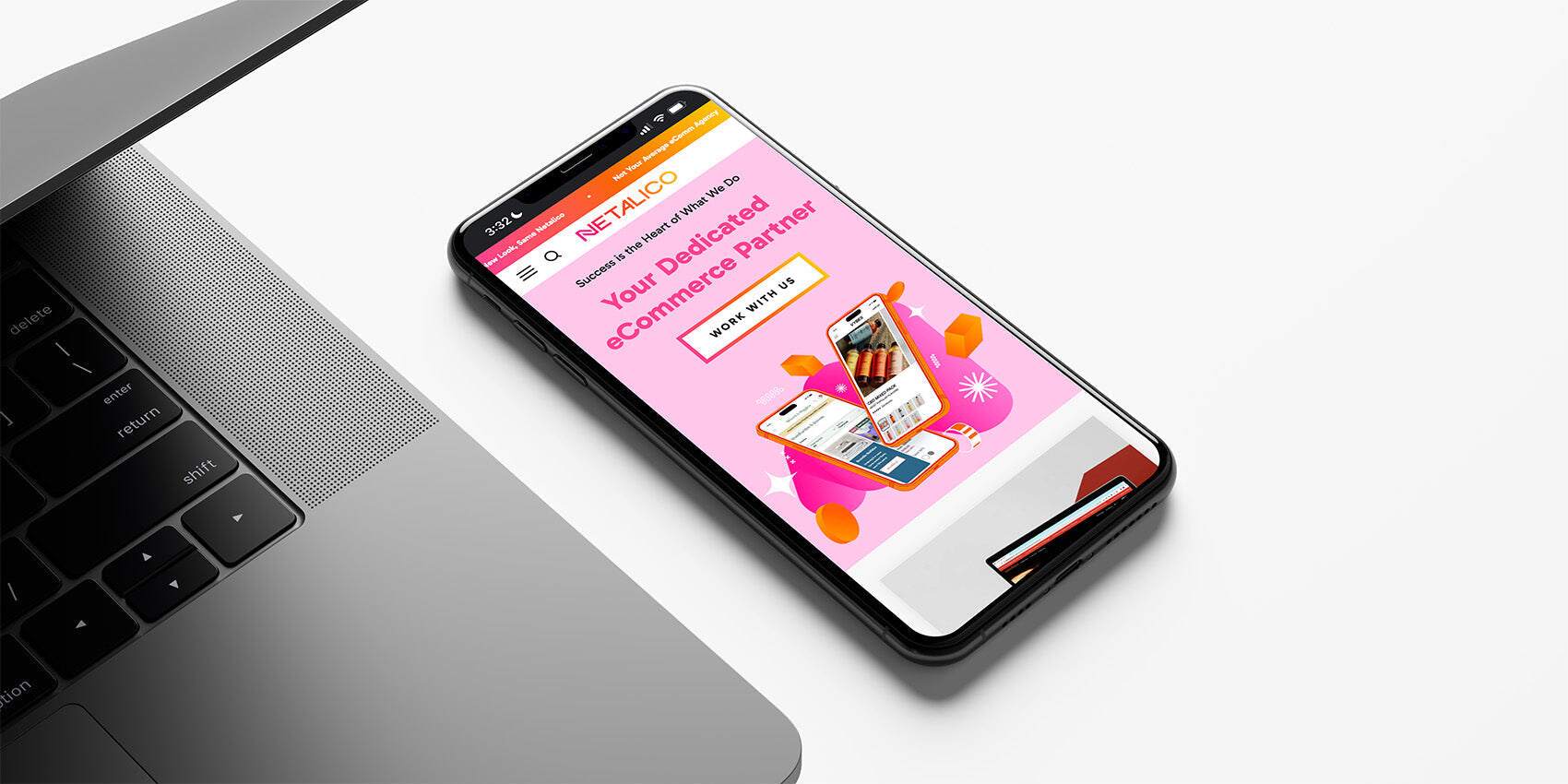 Smartphone beside a laptop showing NETALICO banner: 'Success is the Heart of What We Do' and 'Your Dedicated eCommerce Partner' with 'WORK WITH US' button.