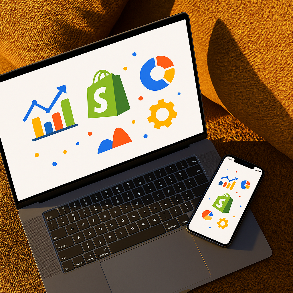Laptop and phone screens showing Shopify green bag logo with S, plus colorful charts, dots and a gear icon