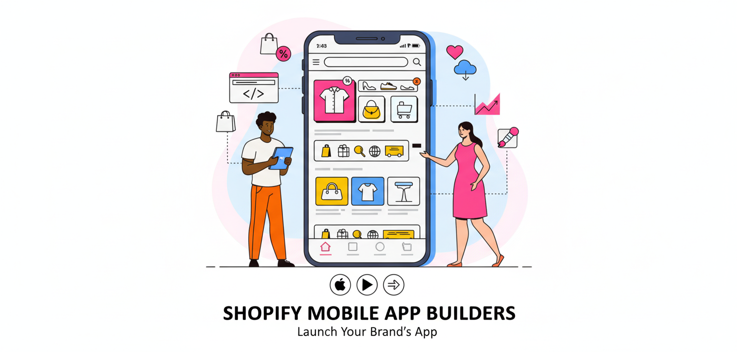 Mobile storefront illustration with a phone and two people — SHOPIFY MOBILE APP BUILDERS; Launch Your Brand's App