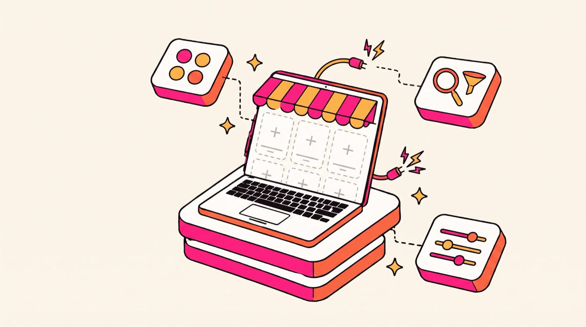 Illustration of a laptop showing an empty product grid after a search and filter app is unplugged