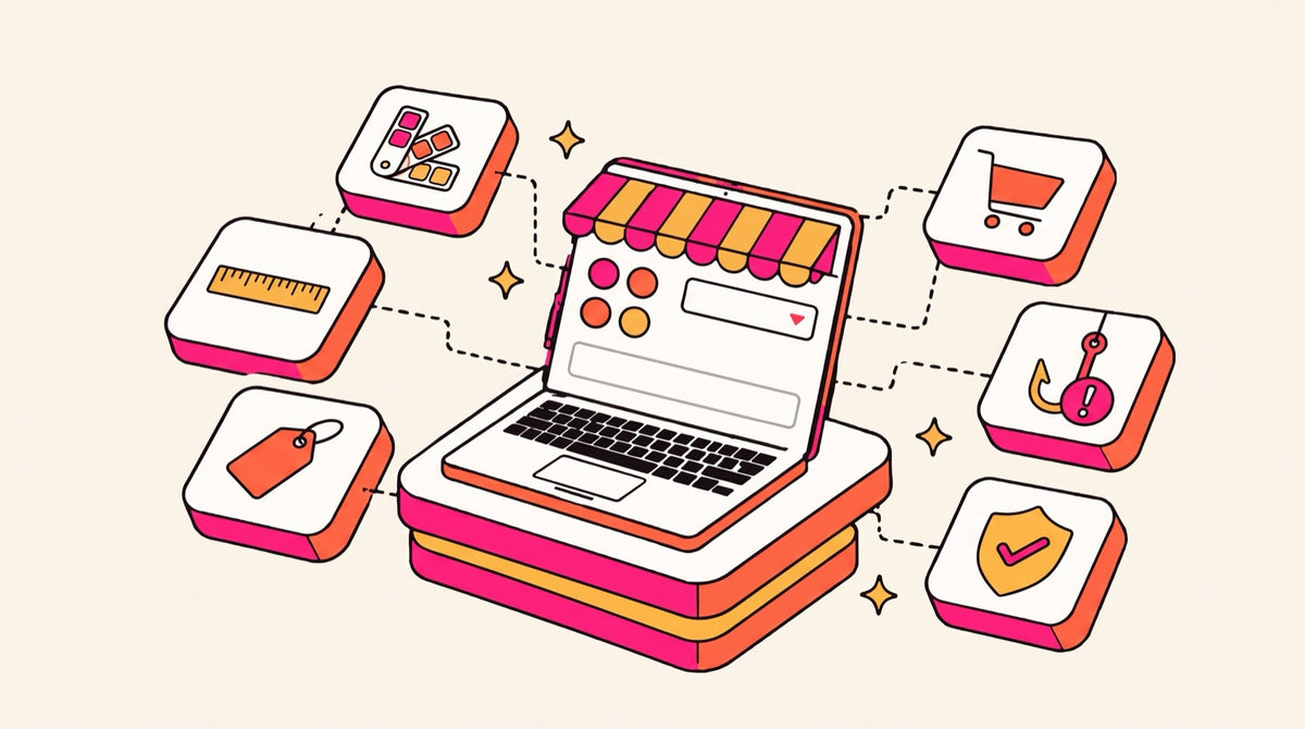Illustration of a product options page with a phishing hook icon next to the checkout