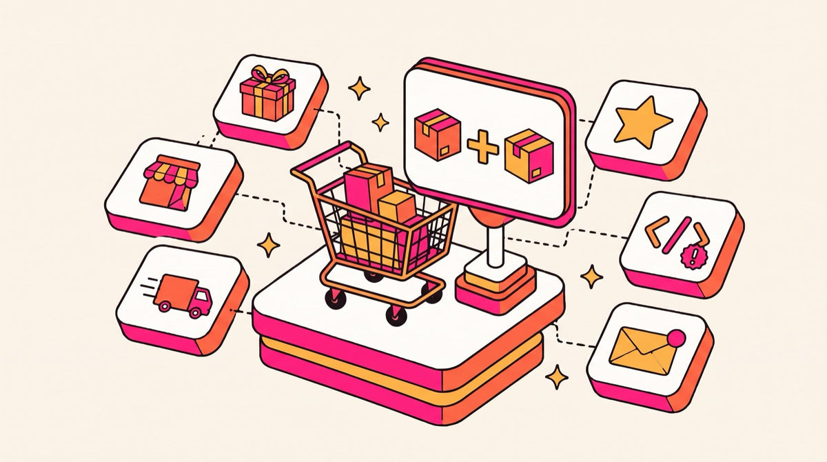 Illustration of a shopping cart with an upsell offer and a flagged script icon