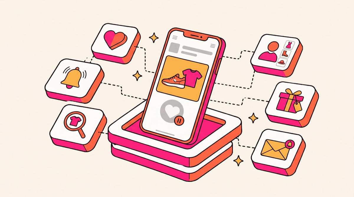 Illustration of a phone with a paused wishlist heart, surrounded by wishlist, back-in-stock and saved-items icons