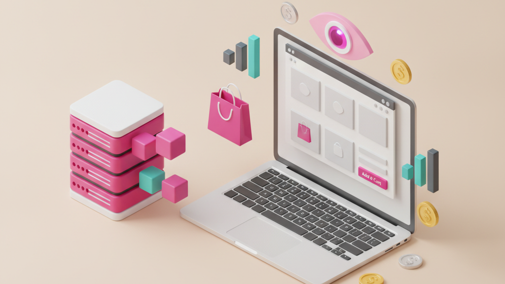 3D illustration of AI-accelerated ecommerce migration to a Shopify store
